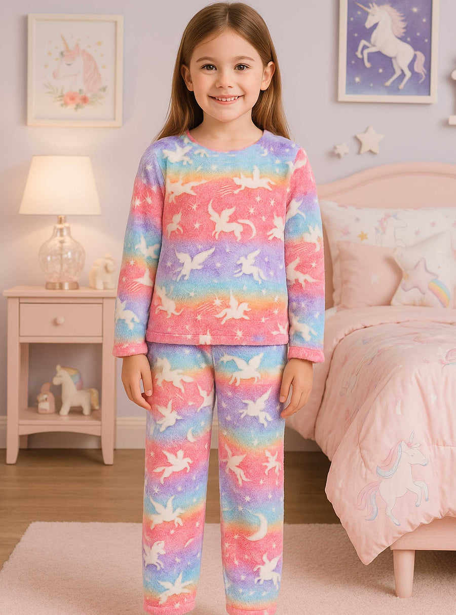 Pijama Afelpada Niña Polar de 2 Piezas · Brilla en la Oscuridad · Tallas 4 a 10 · Diseño Unicornios Arcoíris