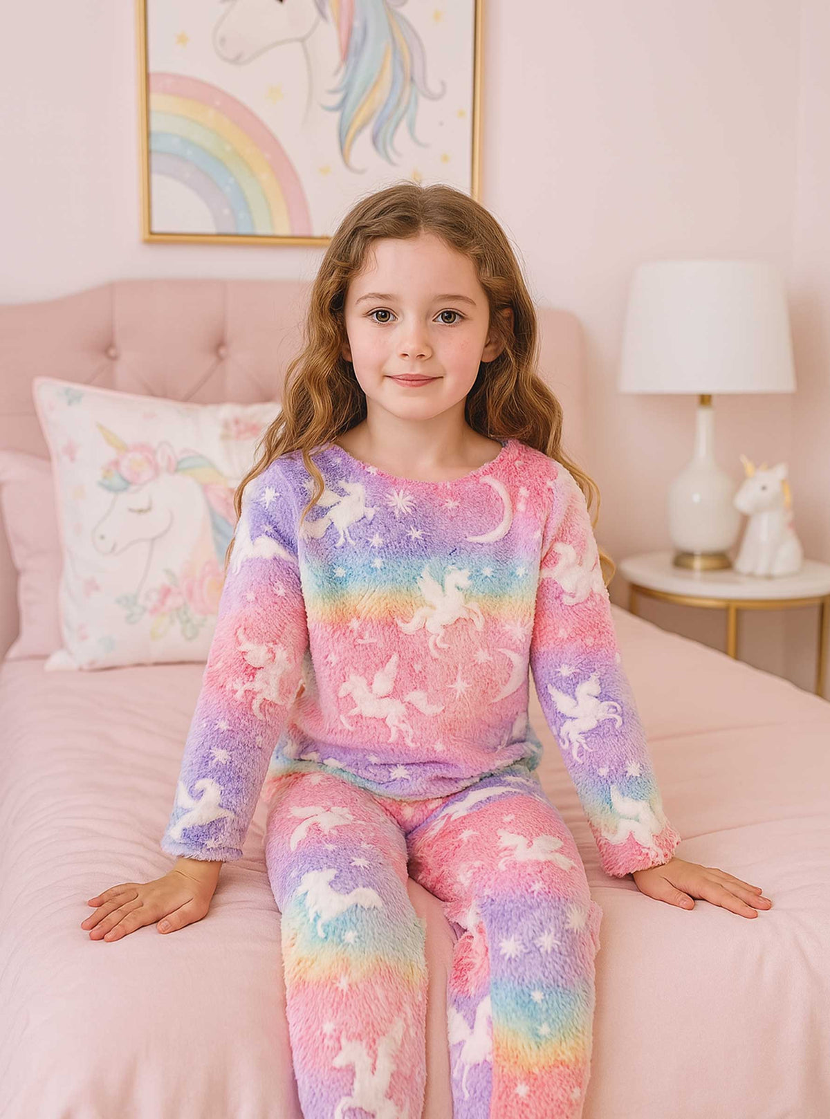 Pijama Afelpada Niña Polar de 2 Piezas · Brilla en la Oscuridad · Tallas 4 a 10 · Diseño Unicornios Arcoíris