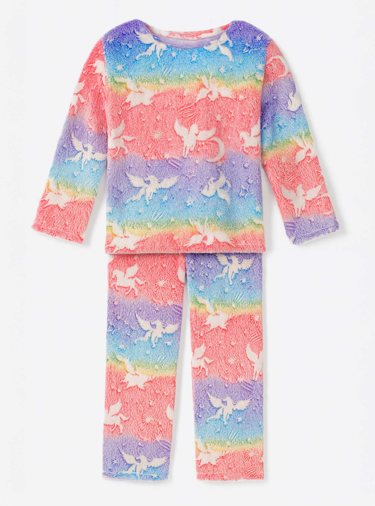 Pijama Afelpada Niña Polar de 2 Piezas · Brilla en la Oscuridad · Tallas 4 a 10 · Diseño Unicornios Arcoíris