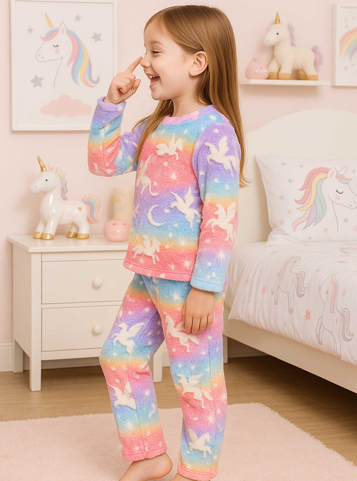 Pijama Afelpada Niña Polar de 2 Piezas · Brilla en la Oscuridad · Tallas 4 a 10 · Diseño Unicornios Arcoíris