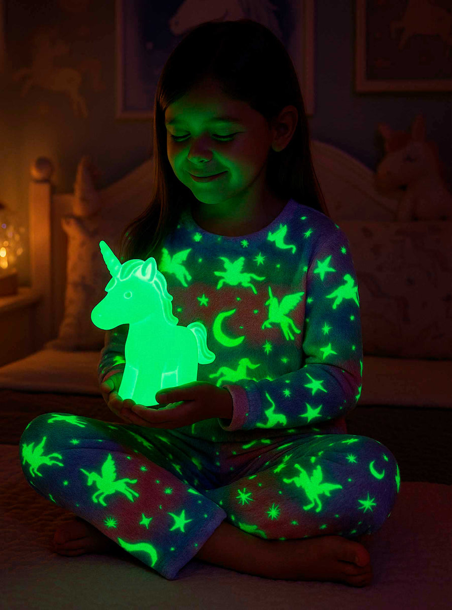 Pijama Afelpada Niña Polar de 2 Piezas · Brilla en la Oscuridad · Tallas 4 a 10 · Diseño Unicornios Arcoíris