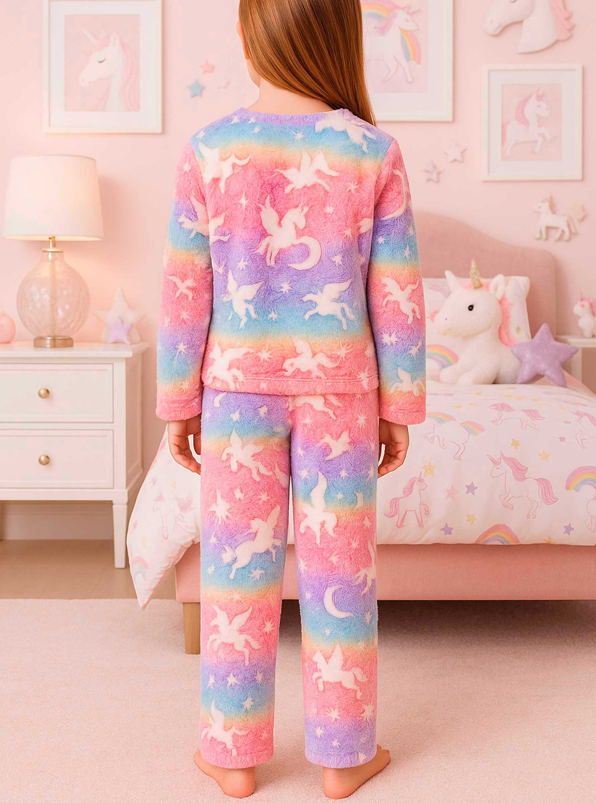 Pijama Afelpada Niña Polar de 2 Piezas · Brilla en la Oscuridad · Tallas 4 a 10 · Diseño Unicornios Arcoíris