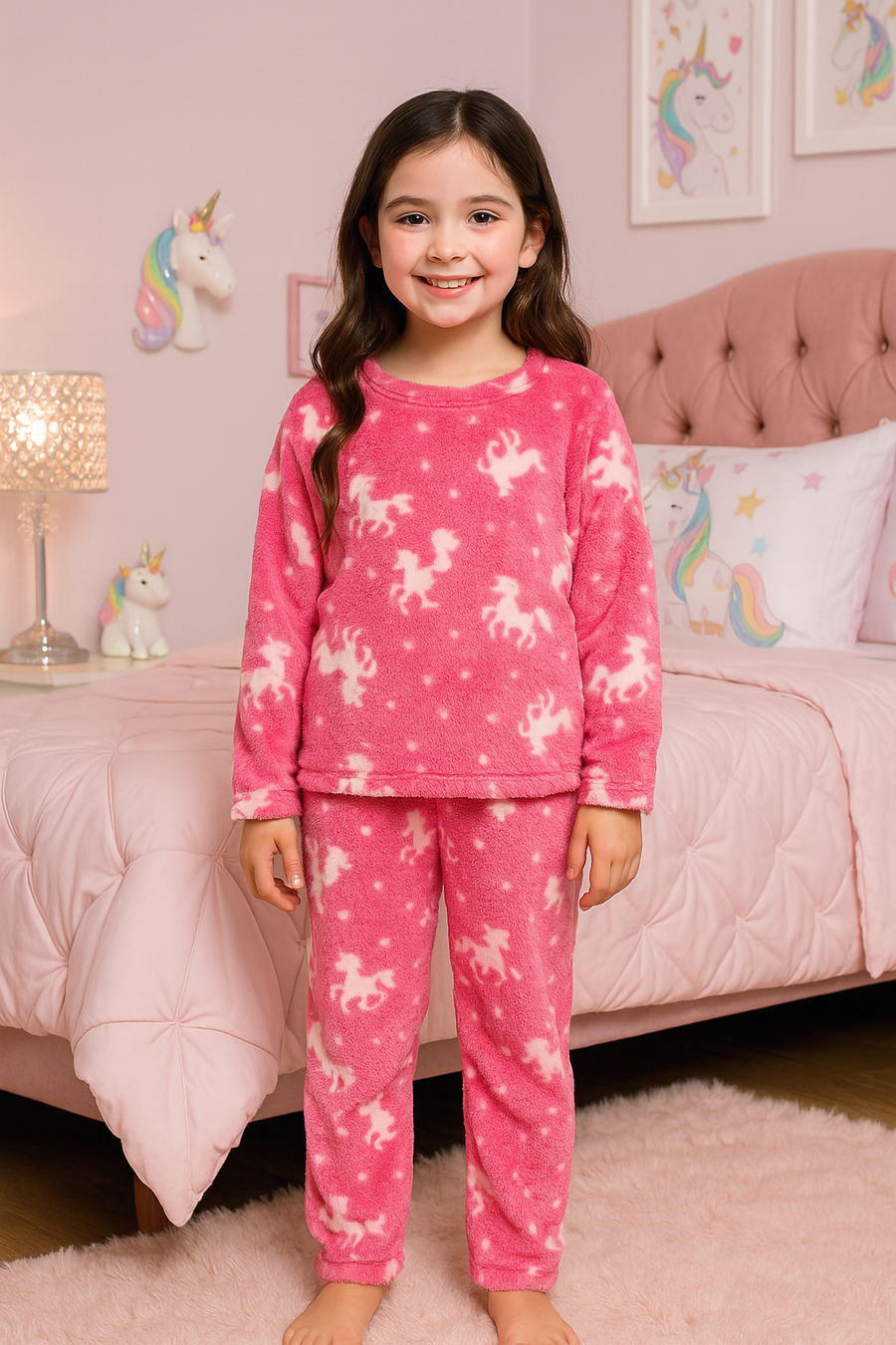 Pijama Afelpada Niña Polar de 2 Piezas · Brilla en la Oscuridad · Tallas 4 a 10 · Diseño Unicornios Rosa