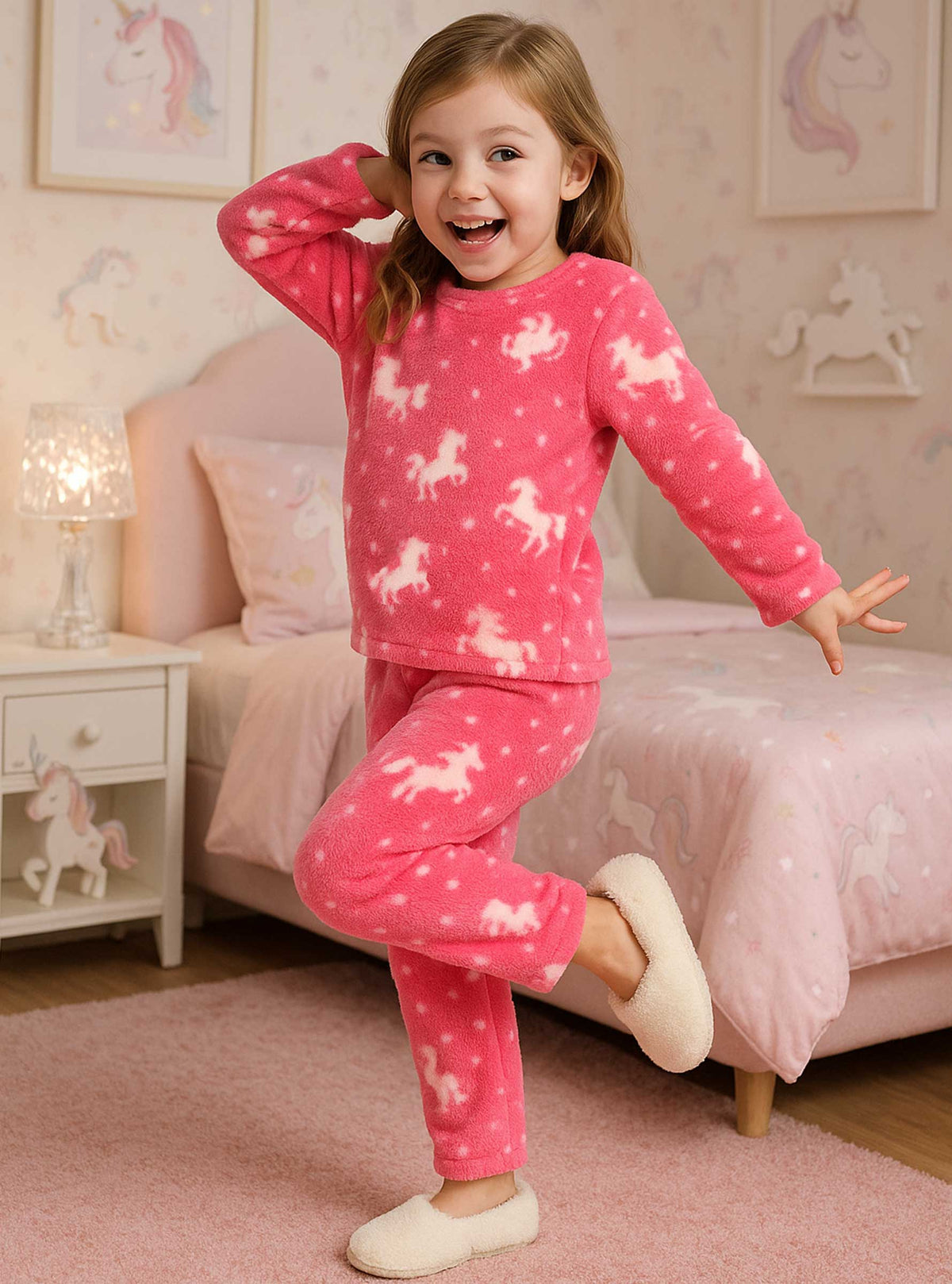 Pijama Afelpada Niña Polar de 2 Piezas · Brilla en la Oscuridad · Tallas 4 a 10 · Diseño Unicornios Rosa