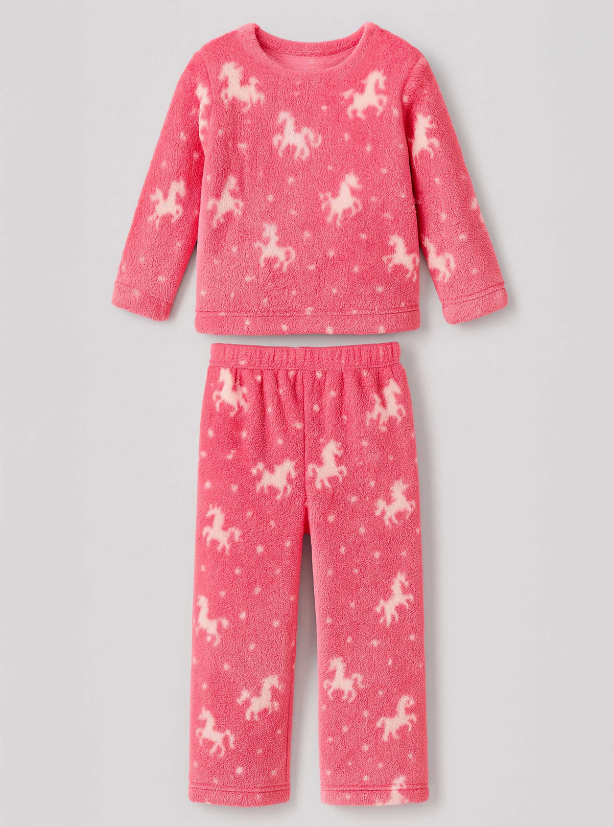 Pijama Afelpada Niña Polar de 2 Piezas · Brilla en la Oscuridad · Tallas 4 a 10 · Diseño Unicornios Rosa
