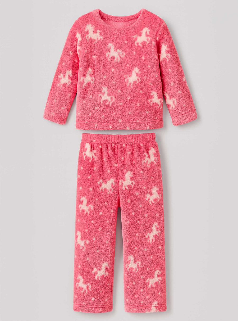 Pijama Afelpada Niña Polar de 2 Piezas · Brilla en la Oscuridad · Tallas 4 a 10 · Diseño Unicornios Rosa