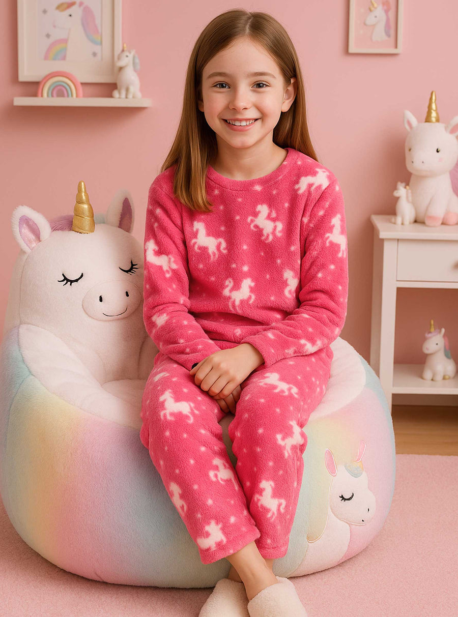 Pijama Afelpada Niña Polar de 2 Piezas · Brilla en la Oscuridad · Tallas 4 a 10 · Diseño Unicornios Rosa