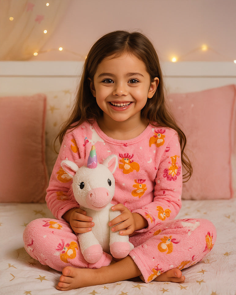 Pijama Afelpada Niña Polar de 2 Piezas · Brilla en la Oscuridad · Tallas 4 a 10 · Diseño Unicornios y Ositos