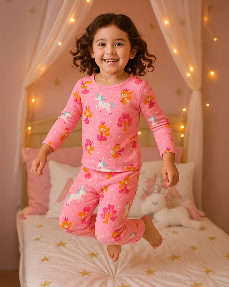 Pijama Afelpada Niña Polar de 2 Piezas · Brilla en la Oscuridad · Tallas 4 a 10 · Diseño Unicornios y Ositos