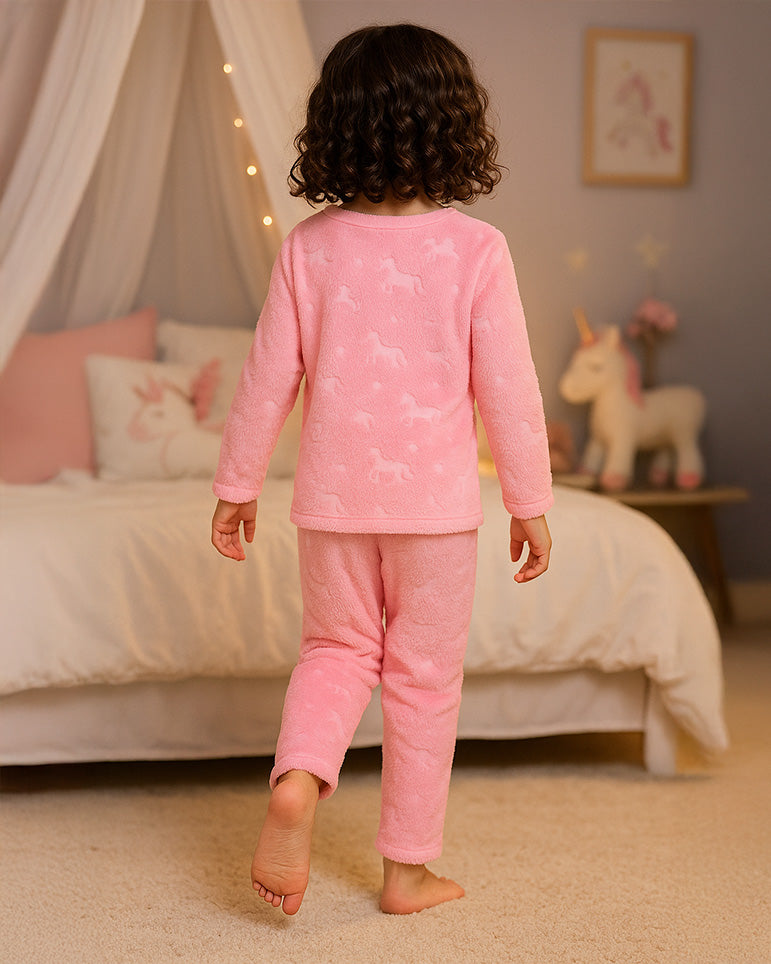 Pijama Afelpada Niña Polar de 2 Piezas · Brilla en la Oscuridad · Tallas 4 a 10 · Diseño Rosa con Estrellas