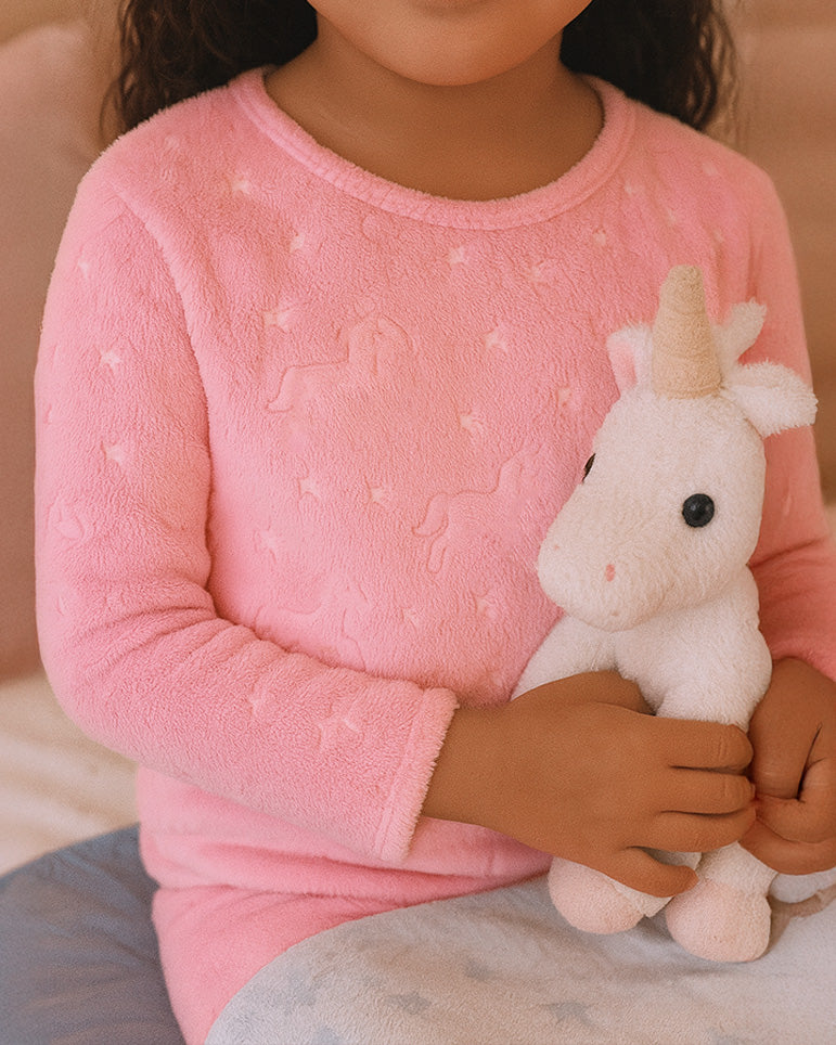 Pijama Afelpada Niña Polar de 2 Piezas · Brilla en la Oscuridad · Tallas 4 a 10 · Diseño Rosa con Estrellas