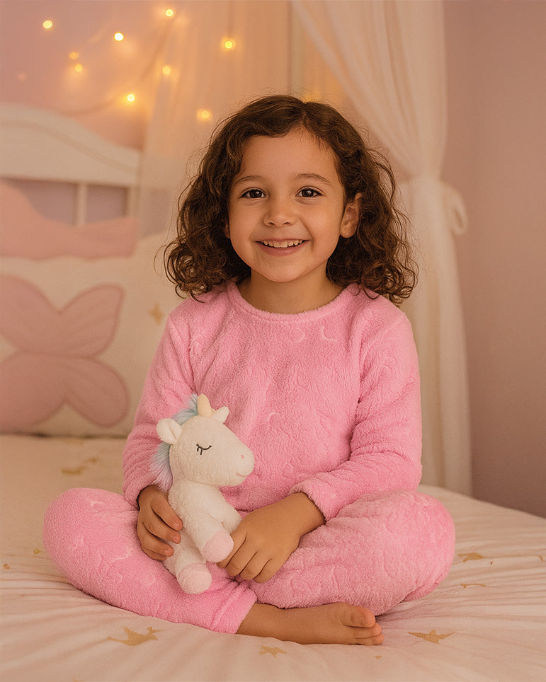 Pijama Afelpada Niña Polar de 2 Piezas · Brilla en la Oscuridad · Tallas 4 a 10 · Diseño Rosa con Estrellas
