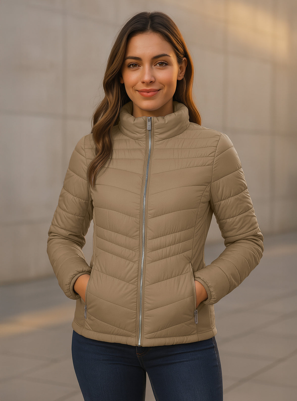 Chamarra Acolchada Mujer Ligera e Impermeable · Cuello Alto color Beige
