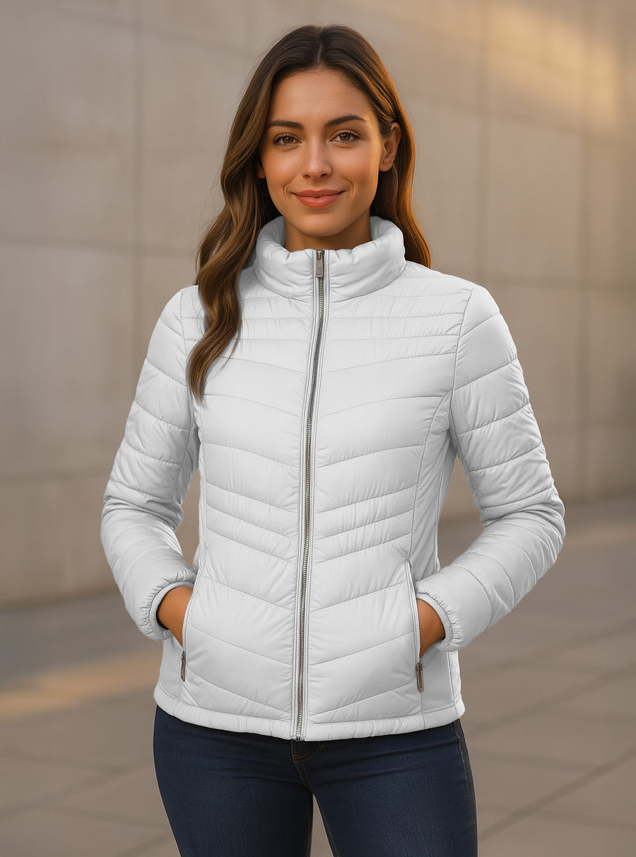 Chamarra Acolchada Mujer Ligera e Impermeable · Cuello Alto color Blanco