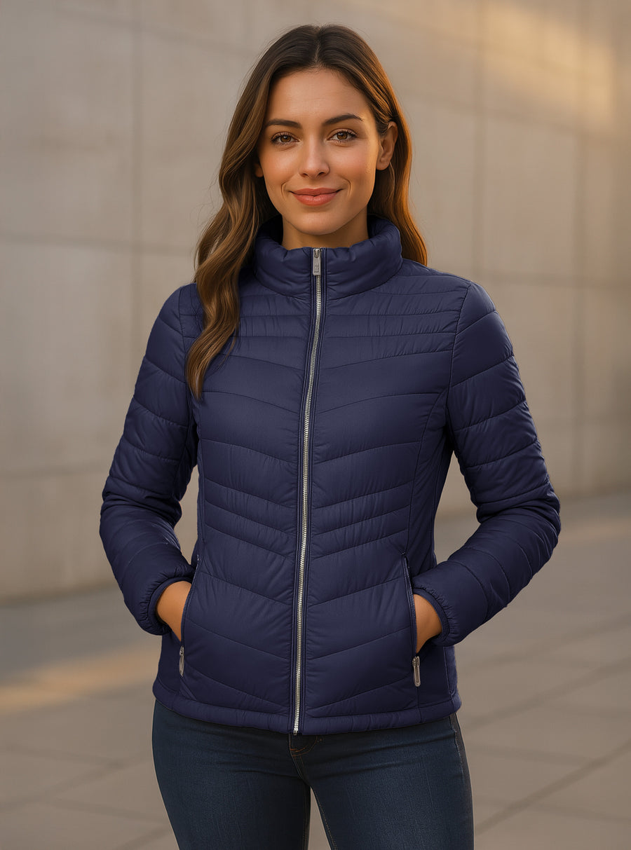 Chamarra Acolchada Mujer Ligera e Impermeable · Cuello Alto color Azul Marino