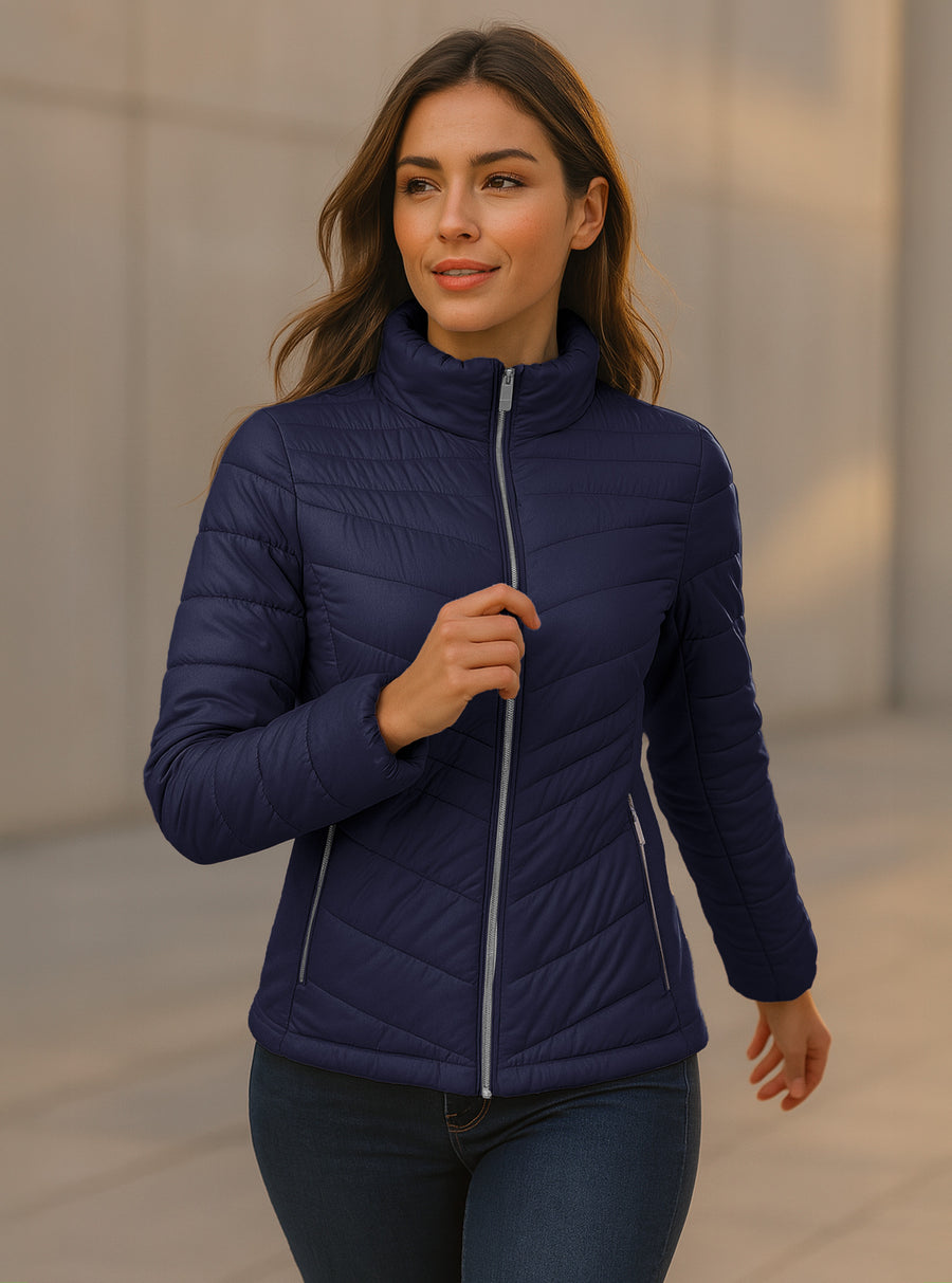 Chamarra Acolchada Mujer Ligera e Impermeable · Cuello Alto color Azul Marino