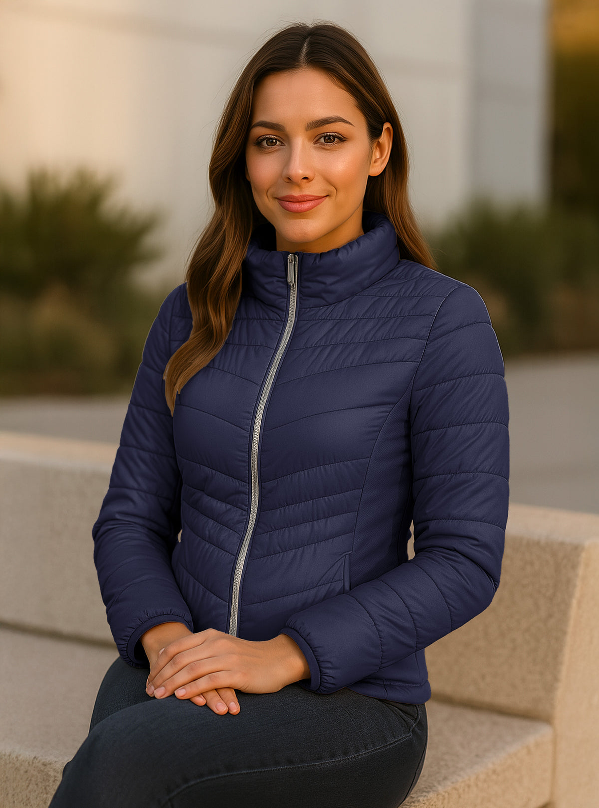 Chamarra Acolchada Mujer Ligera e Impermeable · Cuello Alto color Azul Marino