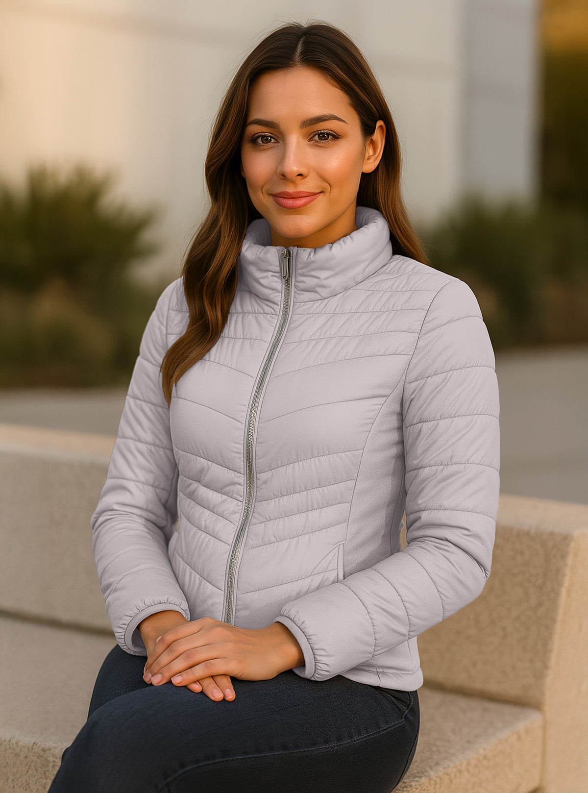 Chamarra Acolchada Mujer Ligera e Impermeable · Cuello Alto color Rosa