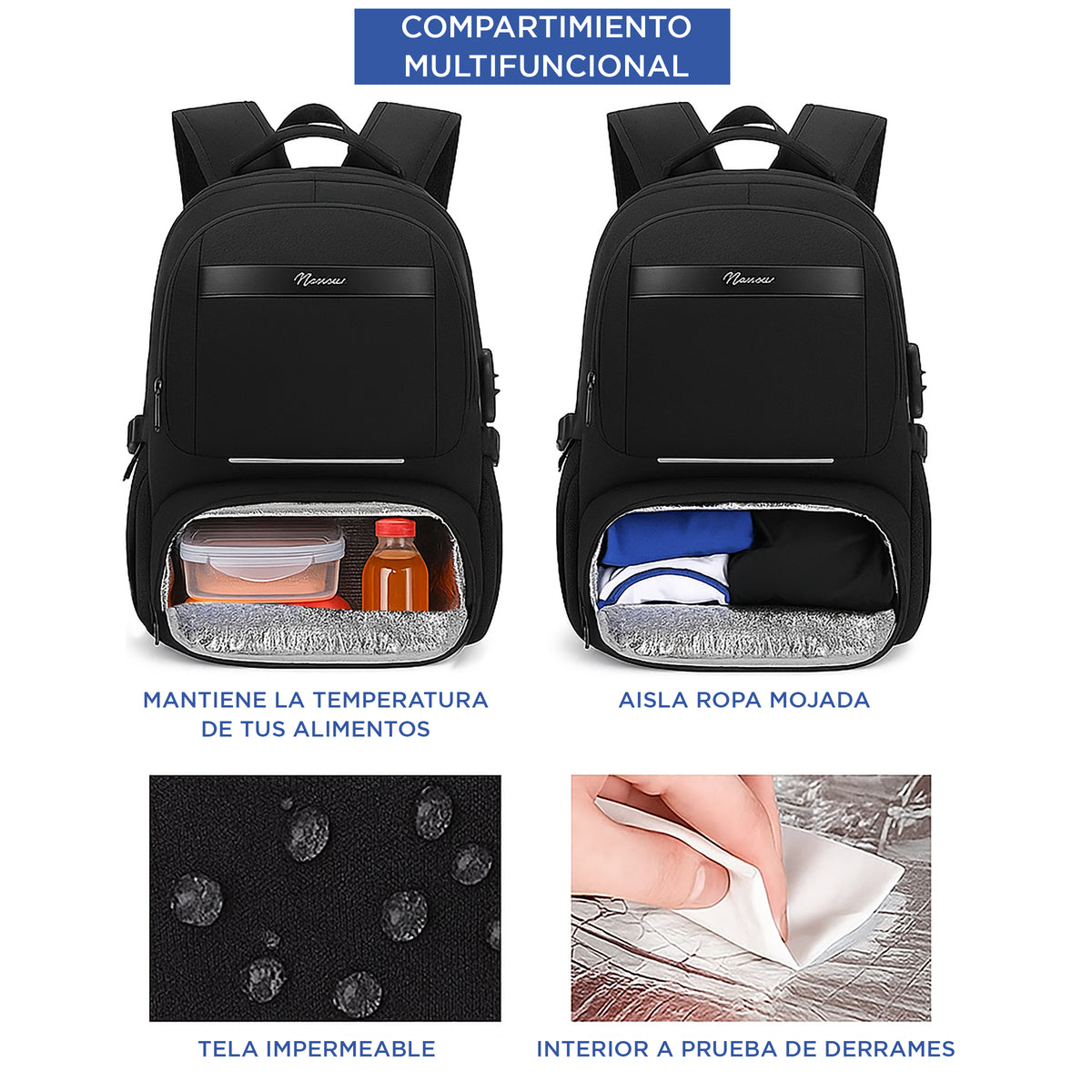 Mochila para Laptop 15" con Compartimento Térmico para Lonche · Puerto USB · Impermeable
