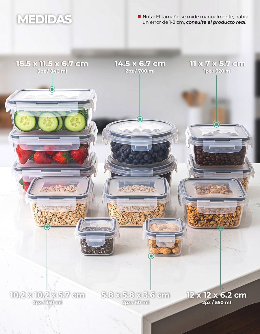 Set de 12 Recipientes Herméticos para Comida · Apilables · Libres de BPA