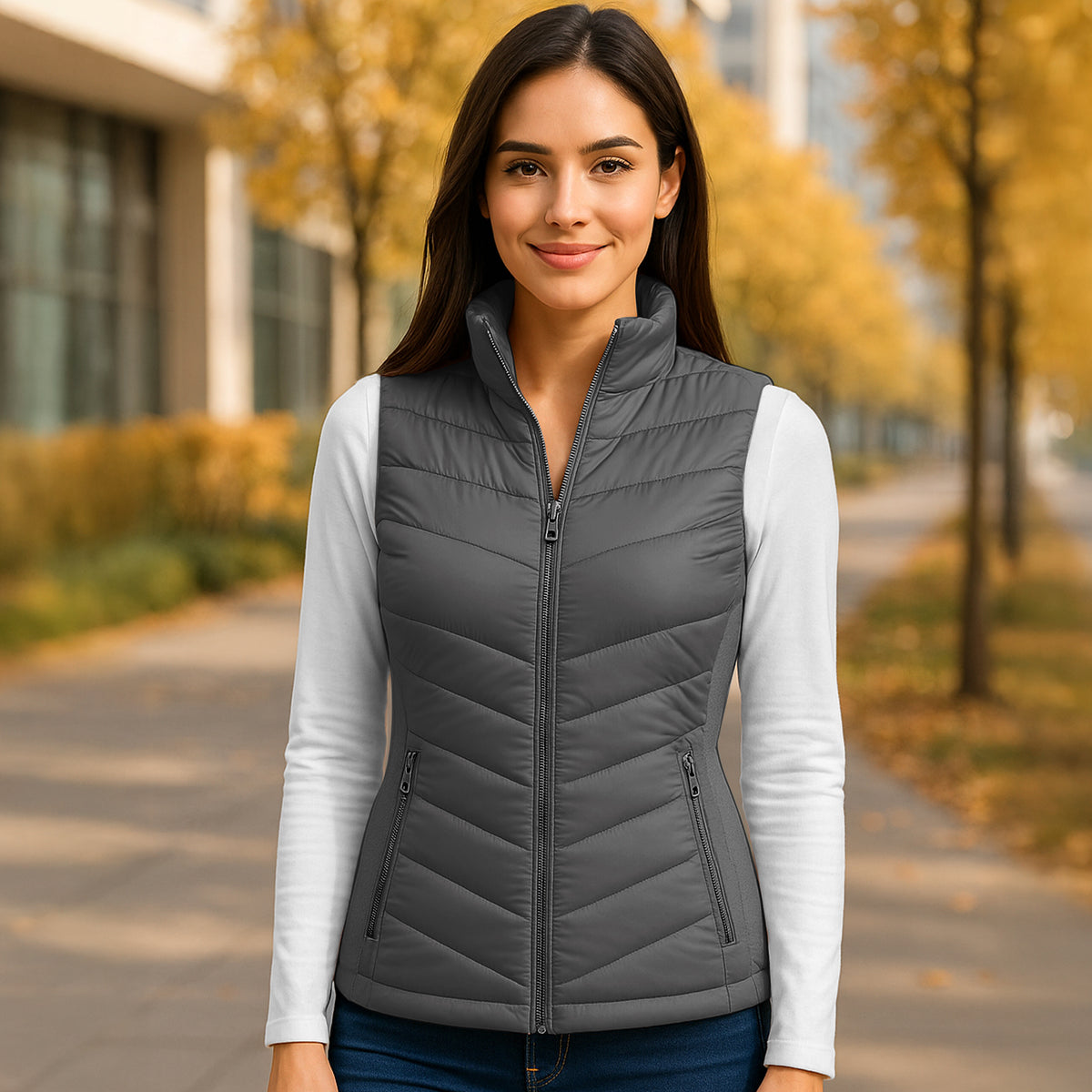 Chaleco Acolchado Mujer Ligero e Impermeable · Cuello Alto color Gris