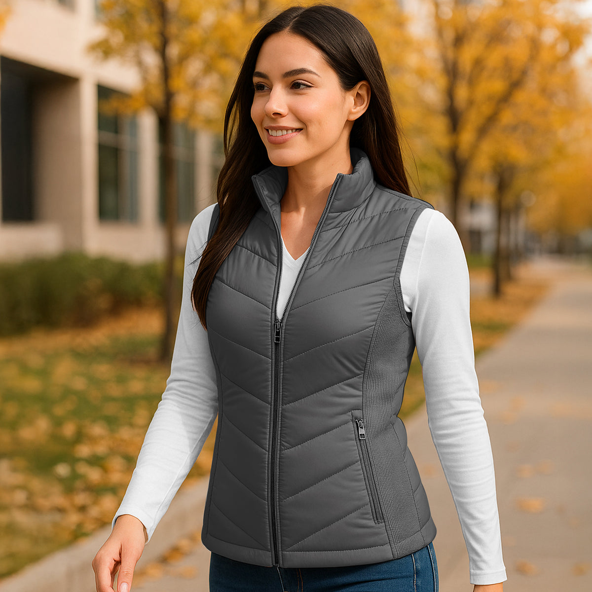 Chaleco Acolchado Mujer Ligero e Impermeable · Cuello Alto color Gris