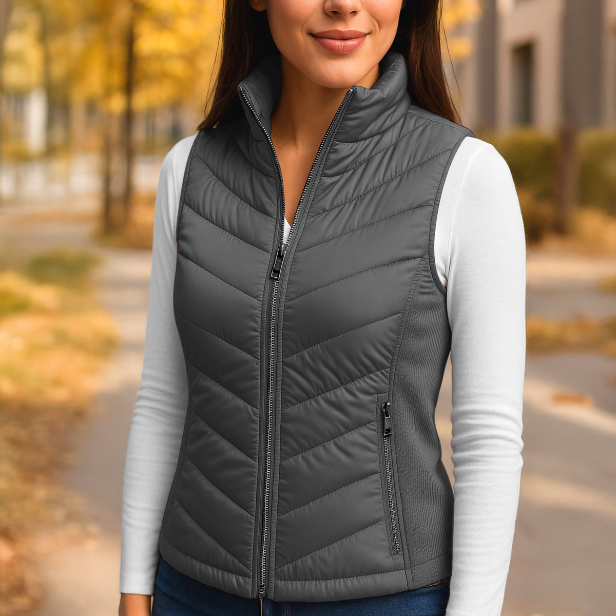 Chaleco Acolchado Mujer Ligero e Impermeable · Cuello Alto color Gris