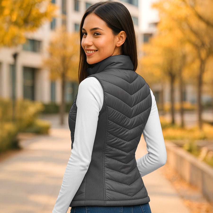 Chaleco Acolchado Mujer Ligero e Impermeable · Cuello Alto color Gris