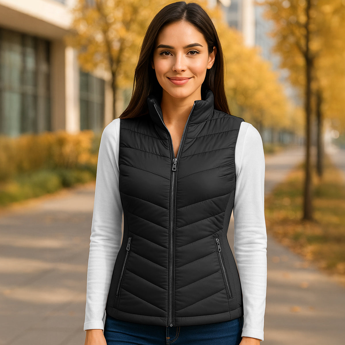 Chaleco Acolchado Mujer Ligero e Impermeable · Cuello Alto color Negro