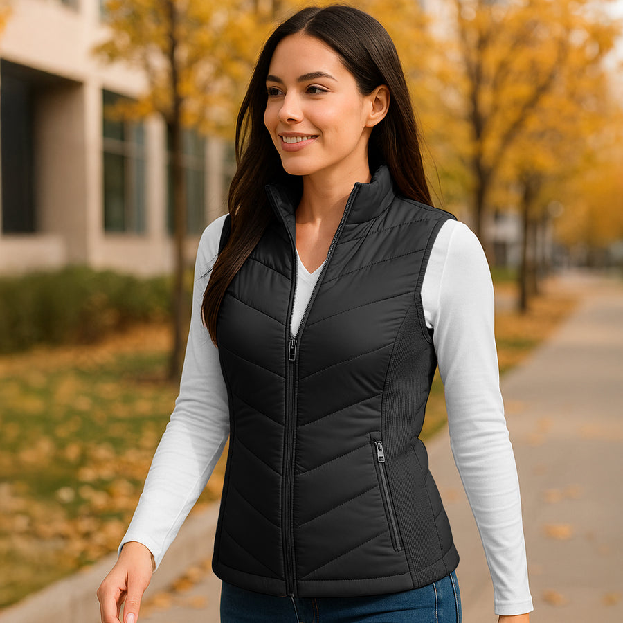 Chaleco Acolchado Mujer Ligero e Impermeable · Cuello Alto color Negro