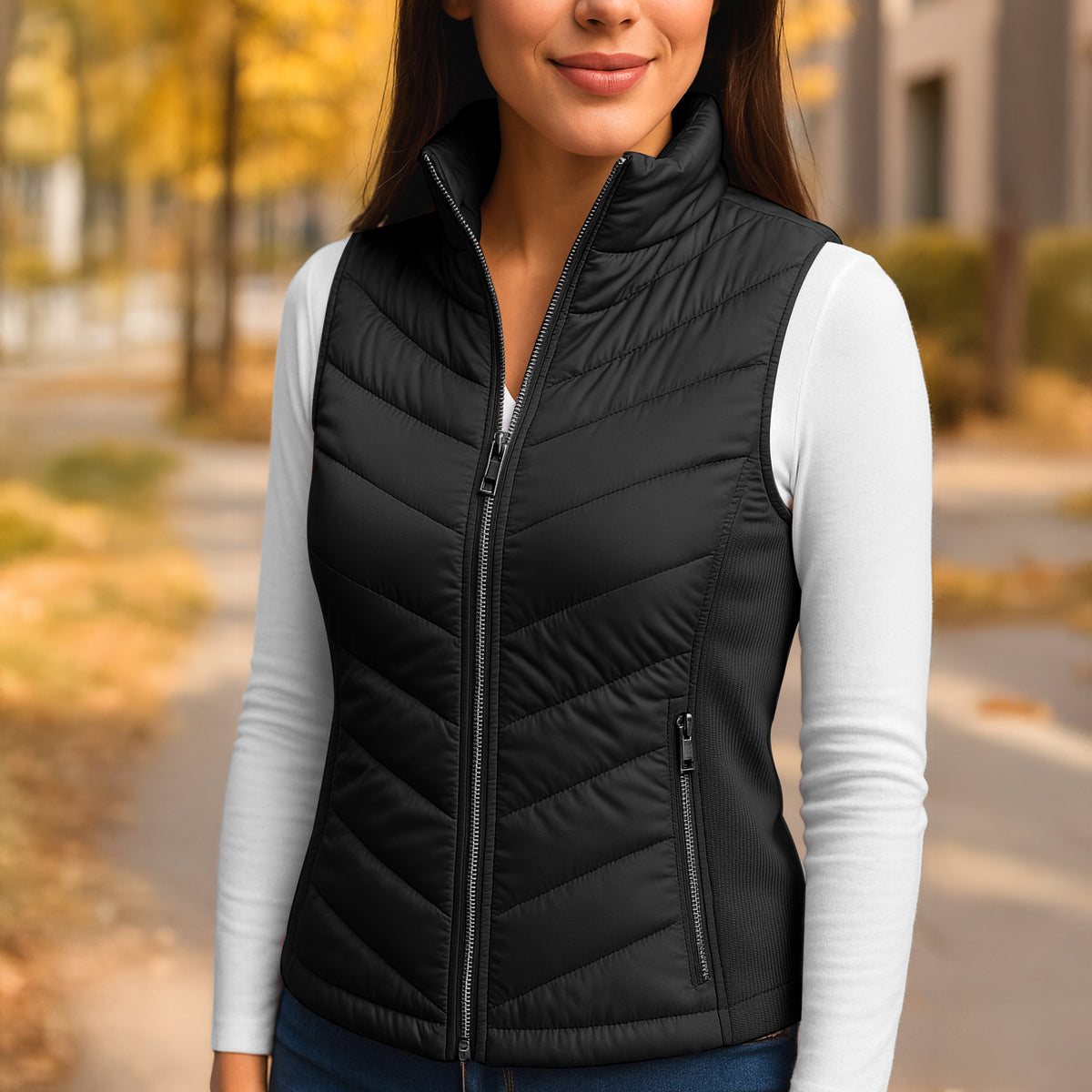Chaleco Acolchado Mujer Ligero e Impermeable · Cuello Alto color Negro