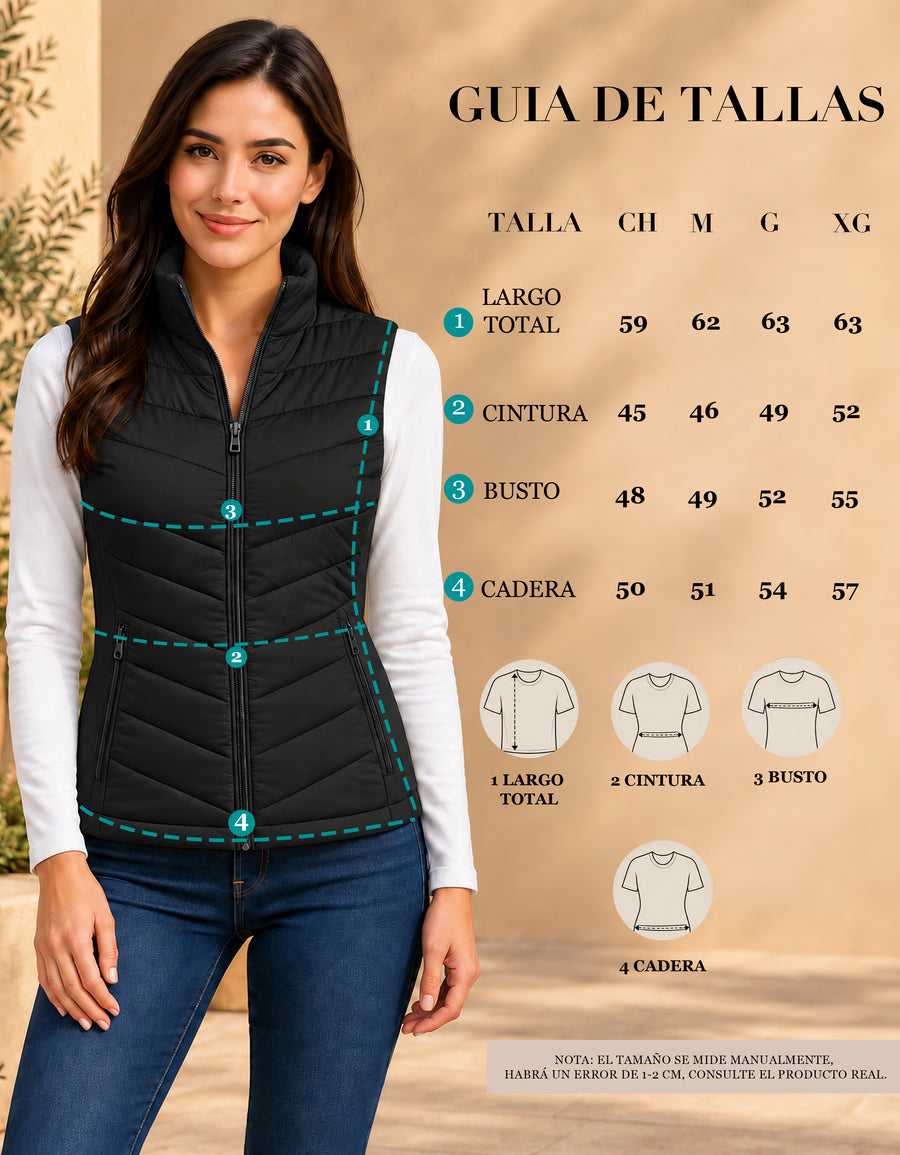 Chaleco Acolchado Mujer Ligero e Impermeable · Cuello Alto color Negro