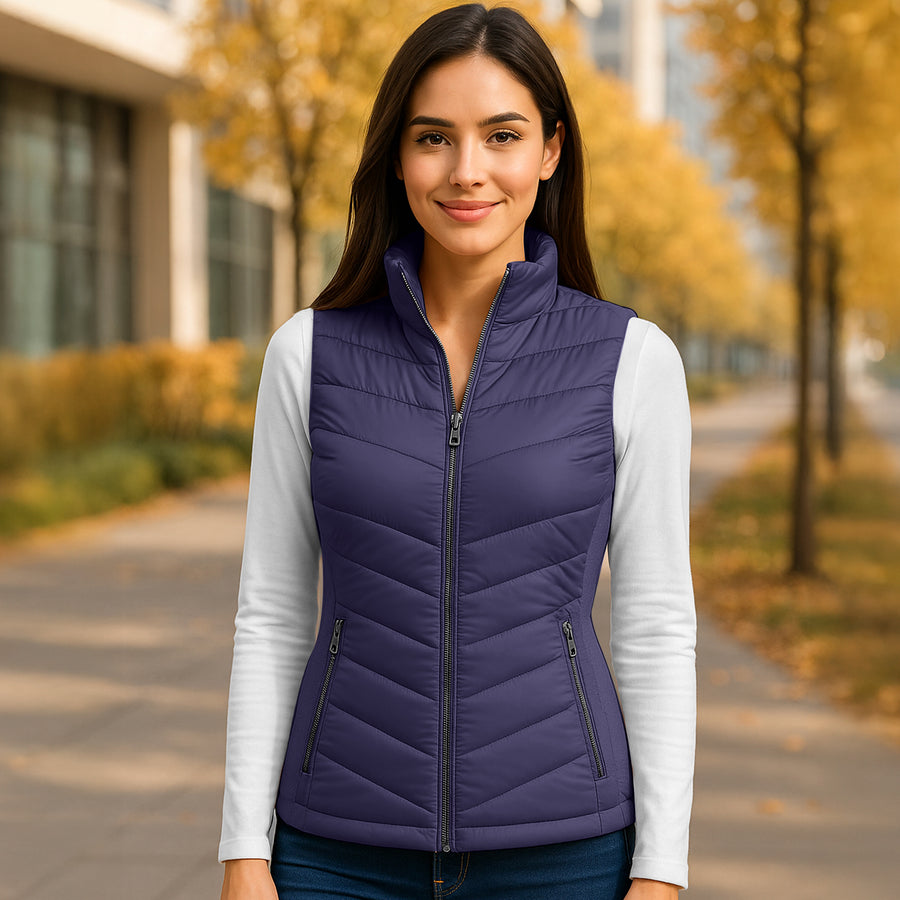 Chaleco Acolchado Mujer Ligero e Impermeable · Cuello Alto color Azul Marino