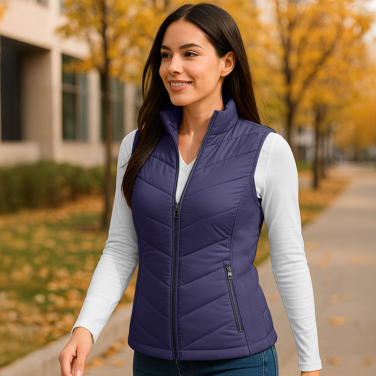 Chaleco Acolchado Mujer Ligero e Impermeable · Cuello Alto color Azul Marino