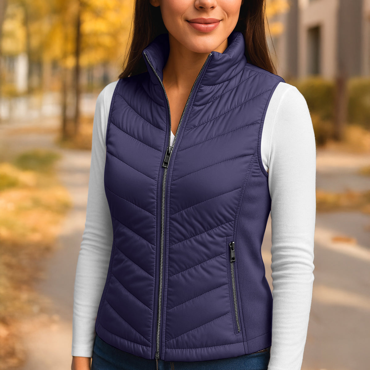 Chaleco Acolchado Mujer Ligero e Impermeable · Cuello Alto color Azul Marino