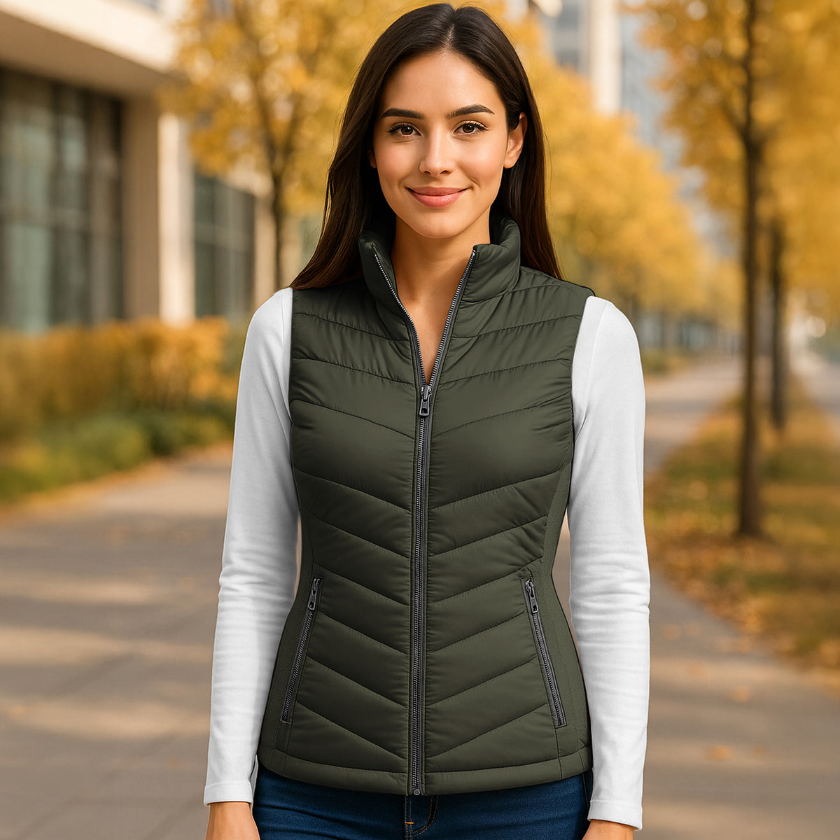 Chaleco Acolchado Mujer Ligero e Impermeable · Cuello Alto color Verde Militar