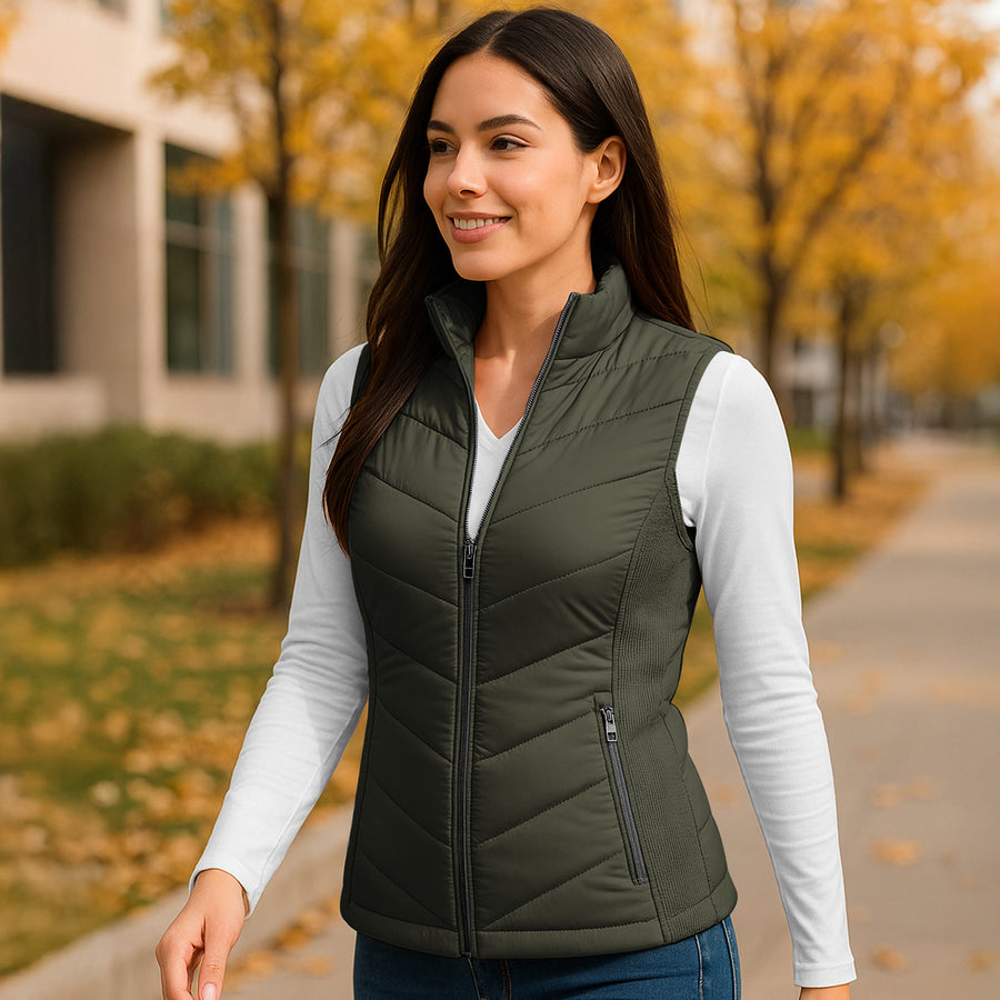 Chaleco Acolchado Mujer Ligero e Impermeable · Cuello Alto color Verde Militar