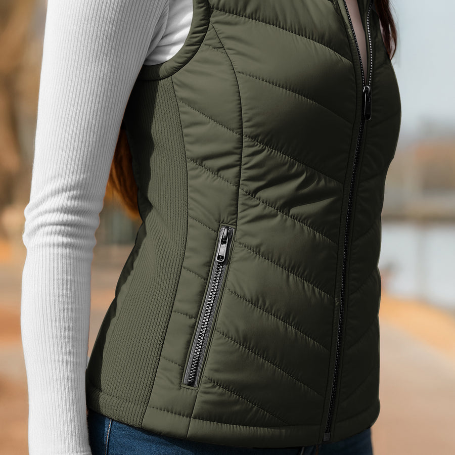 Chaleco Acolchado Mujer Ligero e Impermeable · Cuello Alto color Verde Militar