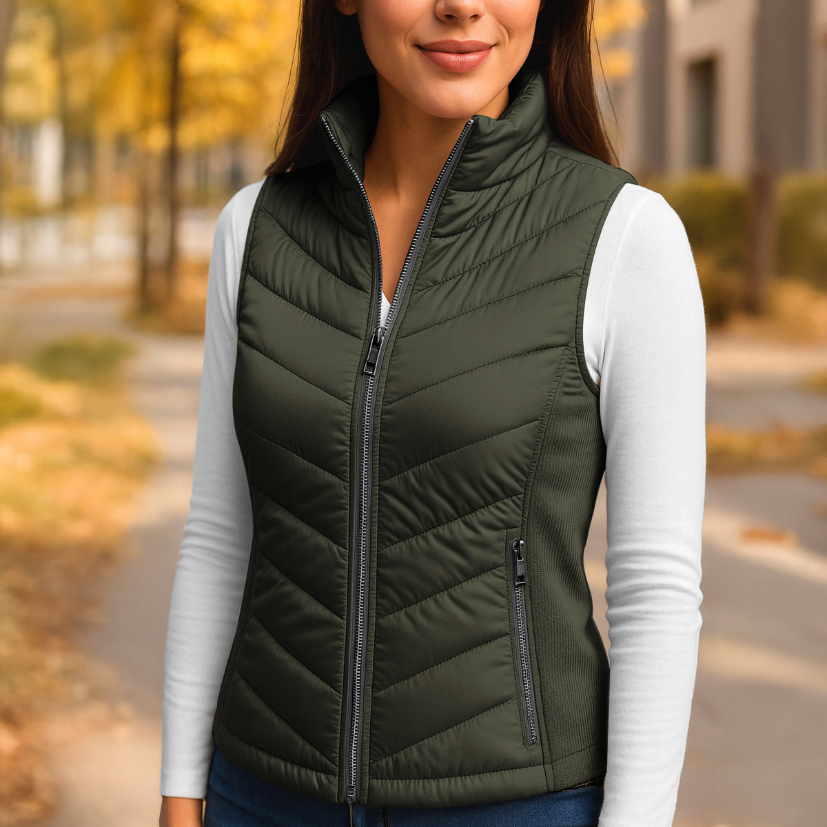 Chaleco Acolchado Mujer Ligero e Impermeable · Cuello Alto color Verde Militar