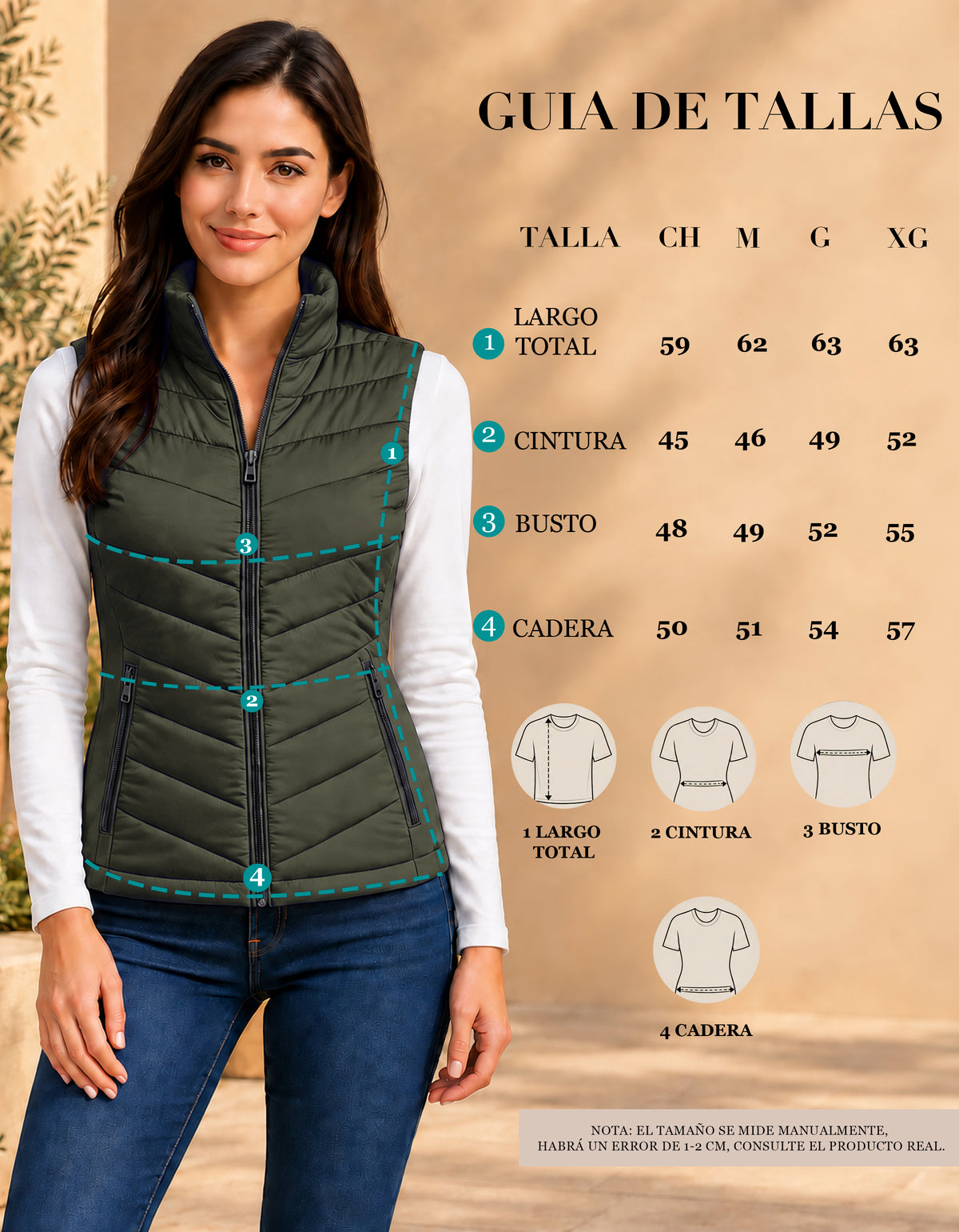 Chaleco Acolchado Mujer Ligero e Impermeable · Cuello Alto color Verde Militar