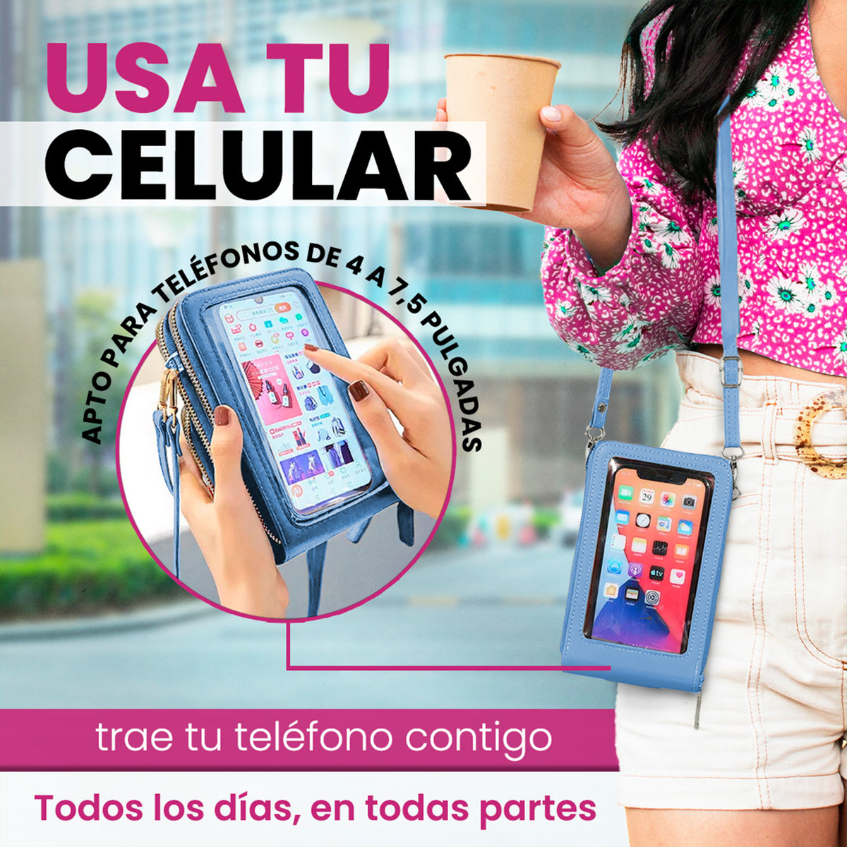 Bolsa Crossbody para Celular Mujer con Cierre y Correa Ajustable 18 × 10.5 cm color Azul
