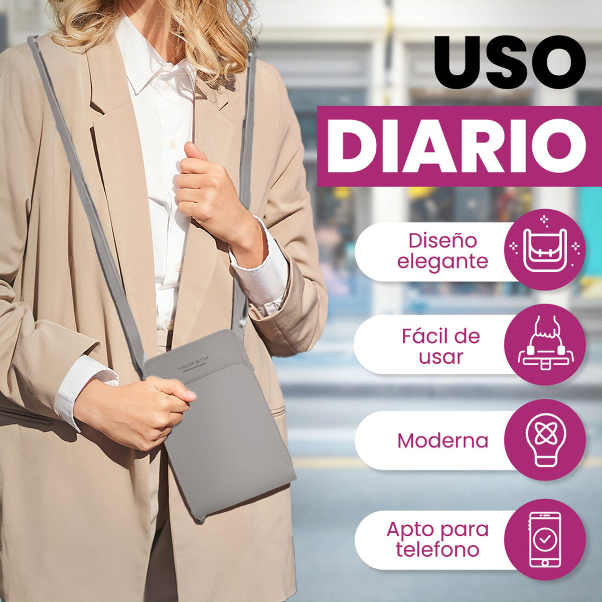 Bolsa Crossbody para Celular Mujer con Cierre y Correa Ajustable 18 × 10.5 cm color Gris