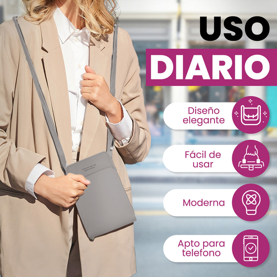 Bolsa Crossbody para Celular Mujer con Cierre y Correa Ajustable 18 × 10.5 cm color Gris