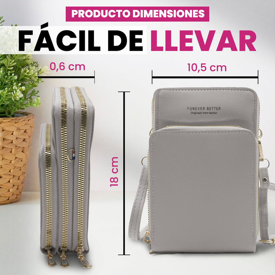 Bolsa Crossbody para Celular Mujer con Cierre y Correa Ajustable 18 × 10.5 cm color Gris