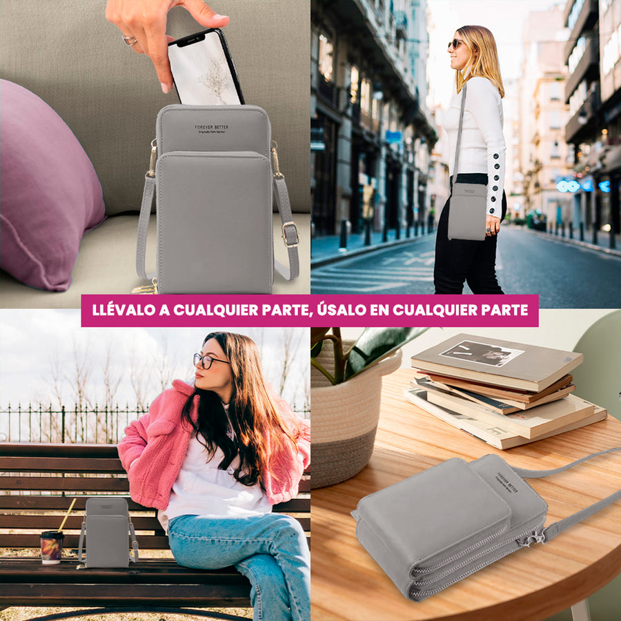 Bolsa Crossbody para Celular Mujer con Cierre y Correa Ajustable 18 × 10.5 cm color Gris