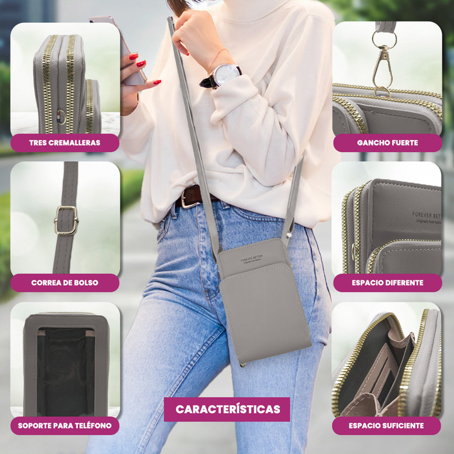 Bolsa Crossbody para Celular Mujer con Cierre y Correa Ajustable 18 × 10.5 cm color Gris