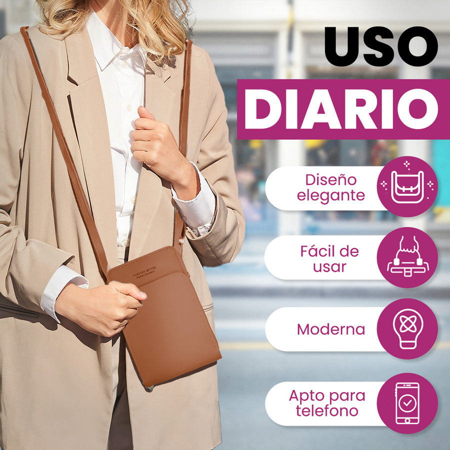 Bolsa Crossbody para Celular Mujer con Cierre y Correa Ajustable 18 × 10.5 cm color Café