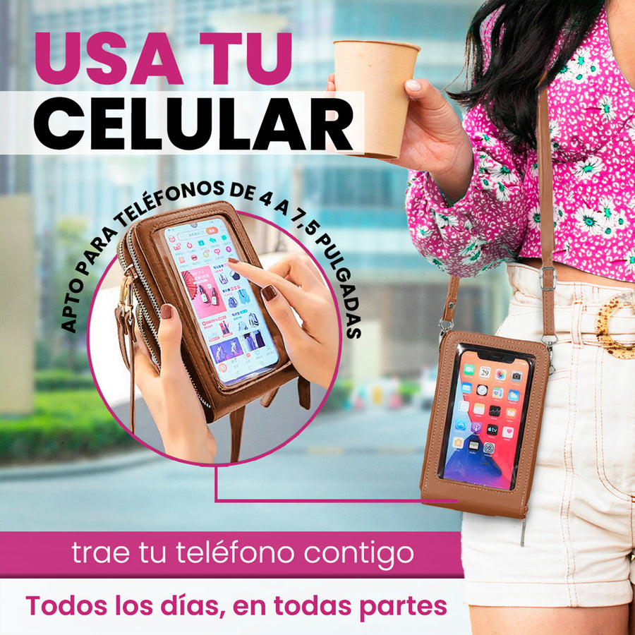 Bolsa Crossbody para Celular Mujer con Cierre y Correa Ajustable 18 × 10.5 cm color Café