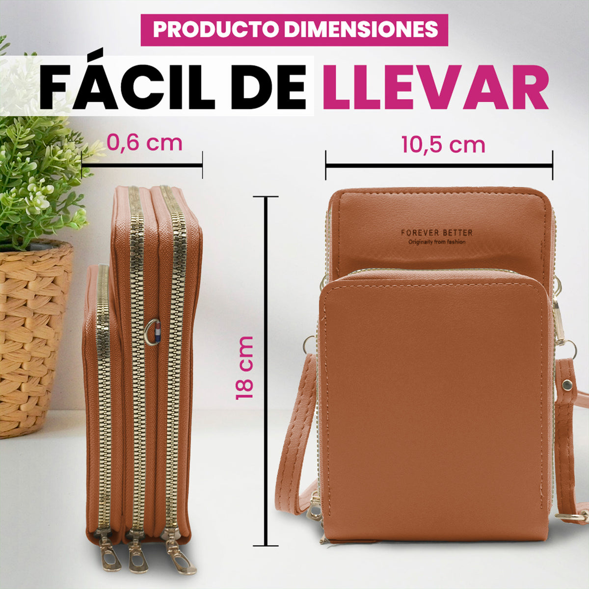 Bolsa Crossbody para Celular Mujer con Cierre y Correa Ajustable 18 × 10.5 cm color Café