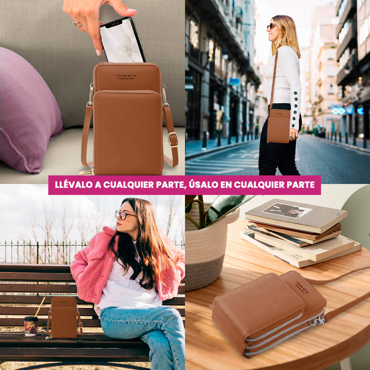 Bolsa Crossbody para Celular Mujer con Cierre y Correa Ajustable 18 × 10.5 cm color Café